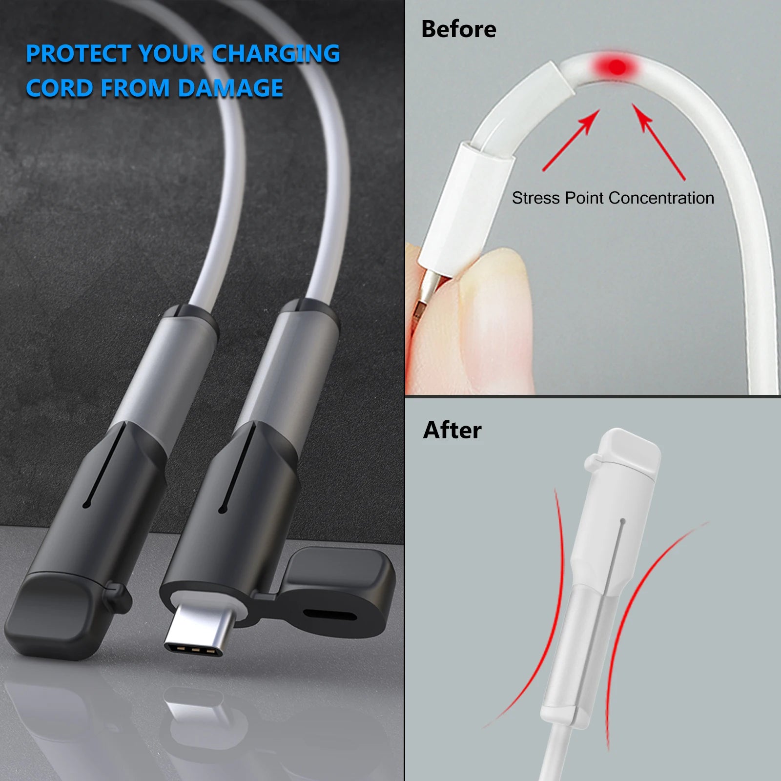 Charger Cable Protector, Type-C to Type-C/Iphone/Usb a Silicone Charger Cord Protector, 2-In- Cord Protector with Cable Winder