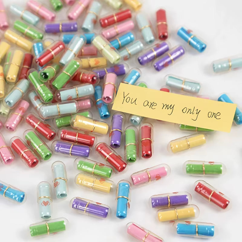 100Pcs Message Capsule Mini Wish Notes Love Pill with Roll Papers Wedding Valentines Day Birthday Party Gift Decoration Supplies