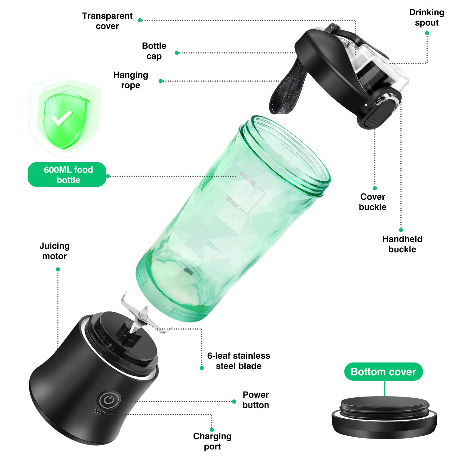 Portable Blender USB Rechargeable Personal Smoothie Juicer Travel Compact 600Ml