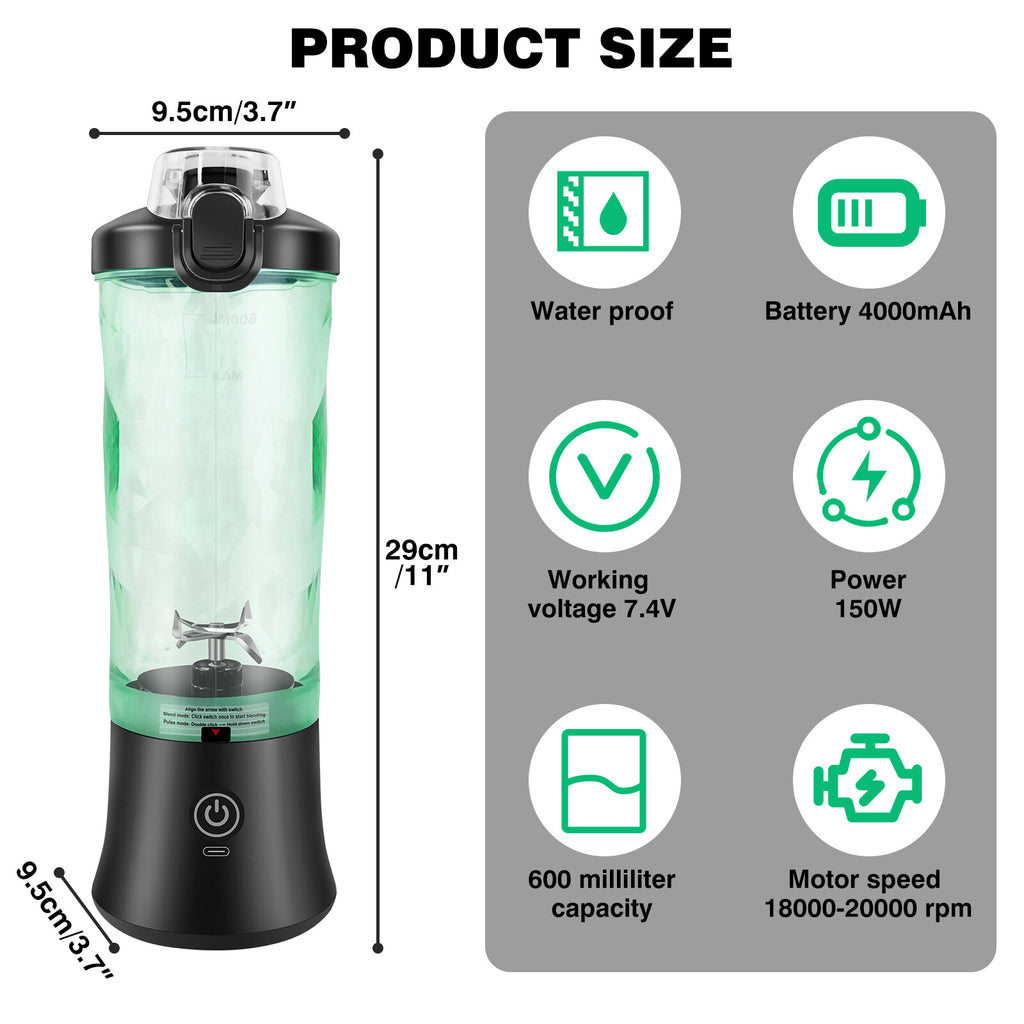 Portable Blender USB Rechargeable Personal Smoothie Juicer Travel Compact 600Ml