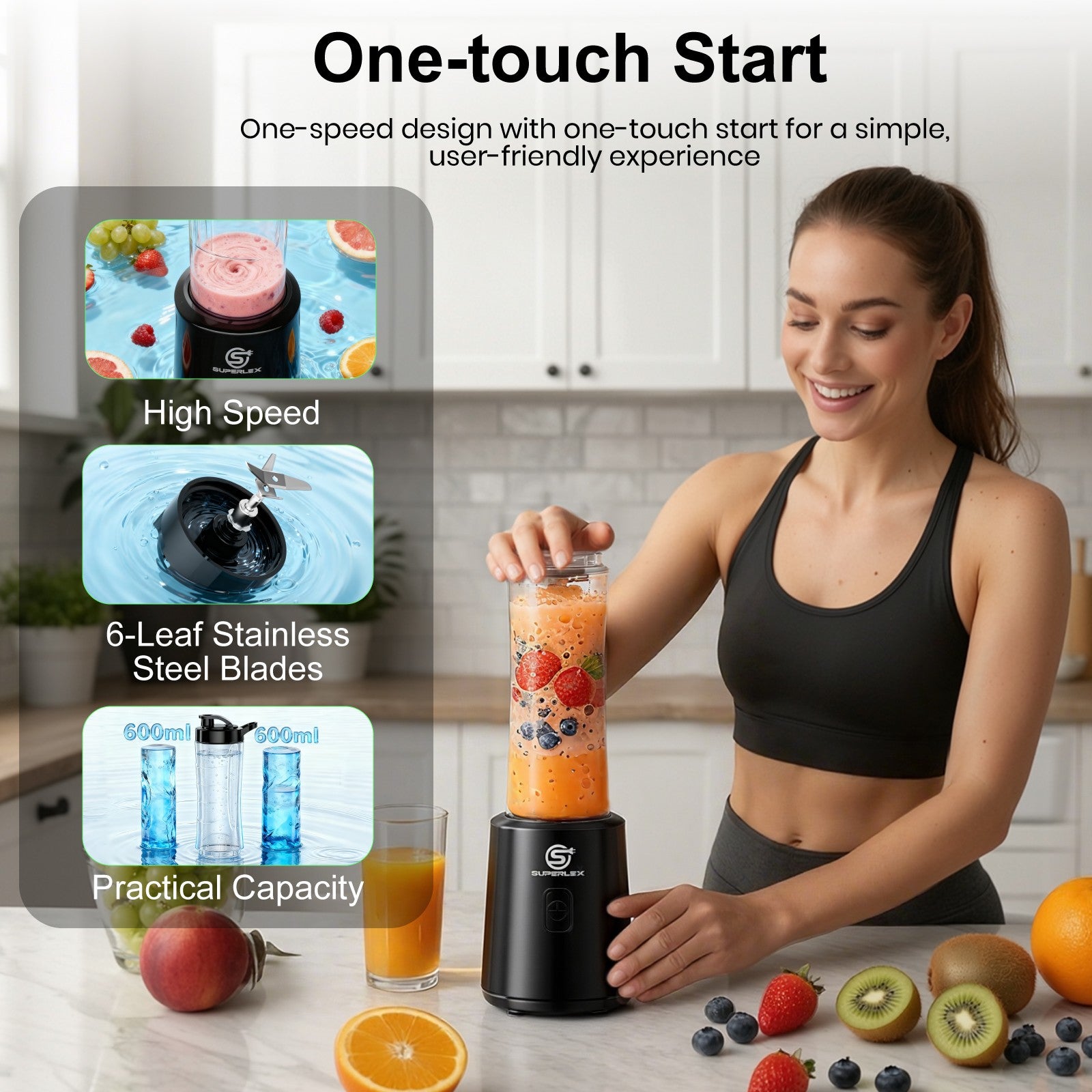 SUPERLEX Electric Juice Maker Portable Blender Smoothie Fruit Machine W/2 Bottle